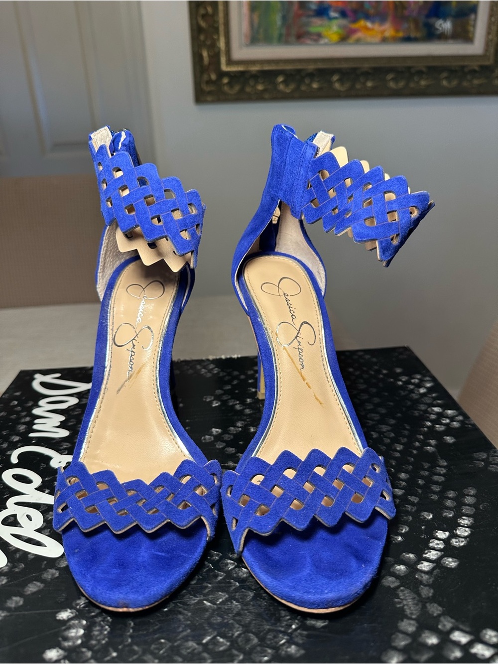 Jessica Simpson Royal Blue Suede Woven Ankle Strap Heels